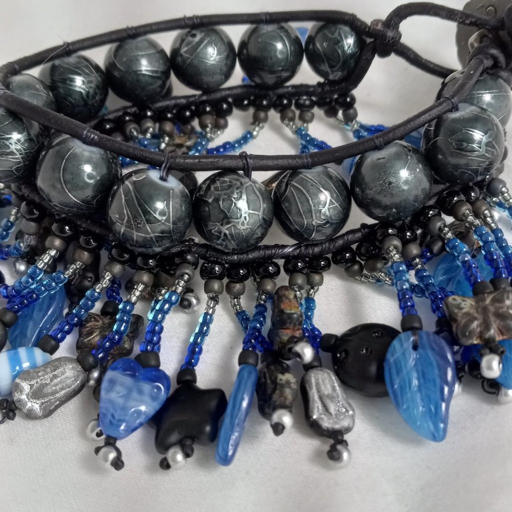 Woven Bracelet w/Black Drizzle Glass Beads, Blue Fringe w/Butterflies, Flowers